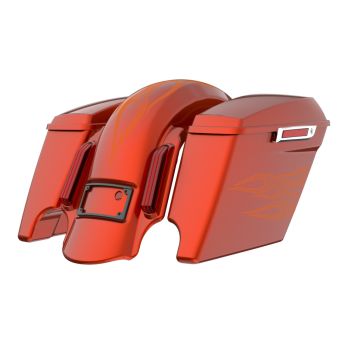 Whiskey Firestorm with Flames stretched Bags, Lids Chrome Latch Hardware for '23-'24 Harley Touring CVO & 2024 Street Glide, Road Glide