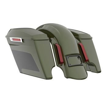 Olive Steel Metallic/Vivid Black stretched Bags, Lids Chrome Latch Hardware for '23-'24 Harley Touring CVO & 2024 Street Glide, Road Glide