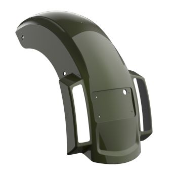 Olive Steel Metallic/Vivid Black Holeshot Chopped Rear Fender with Curved LED License Plate Bracket for '23-Up Harley Touring