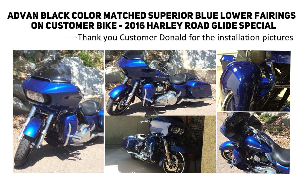Advan Black Color-Matched Superior Blue Lower Vented Fairing on 2015 Harley Road Glide Special