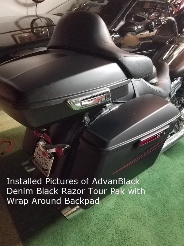 Customer installed pictures of AdvanBlack 14+ Razor Tour Pak in denim black with wrap around back pad